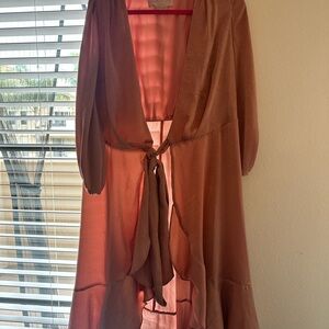 Gal Meets Glam Brown and Pink Wrap Maxi Dress with Bishop Sleeves